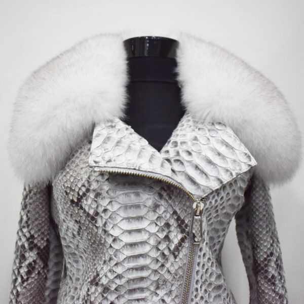 Women's Genuine Python Leather Real Fox Fur Collar White Exotic Biker Jacket