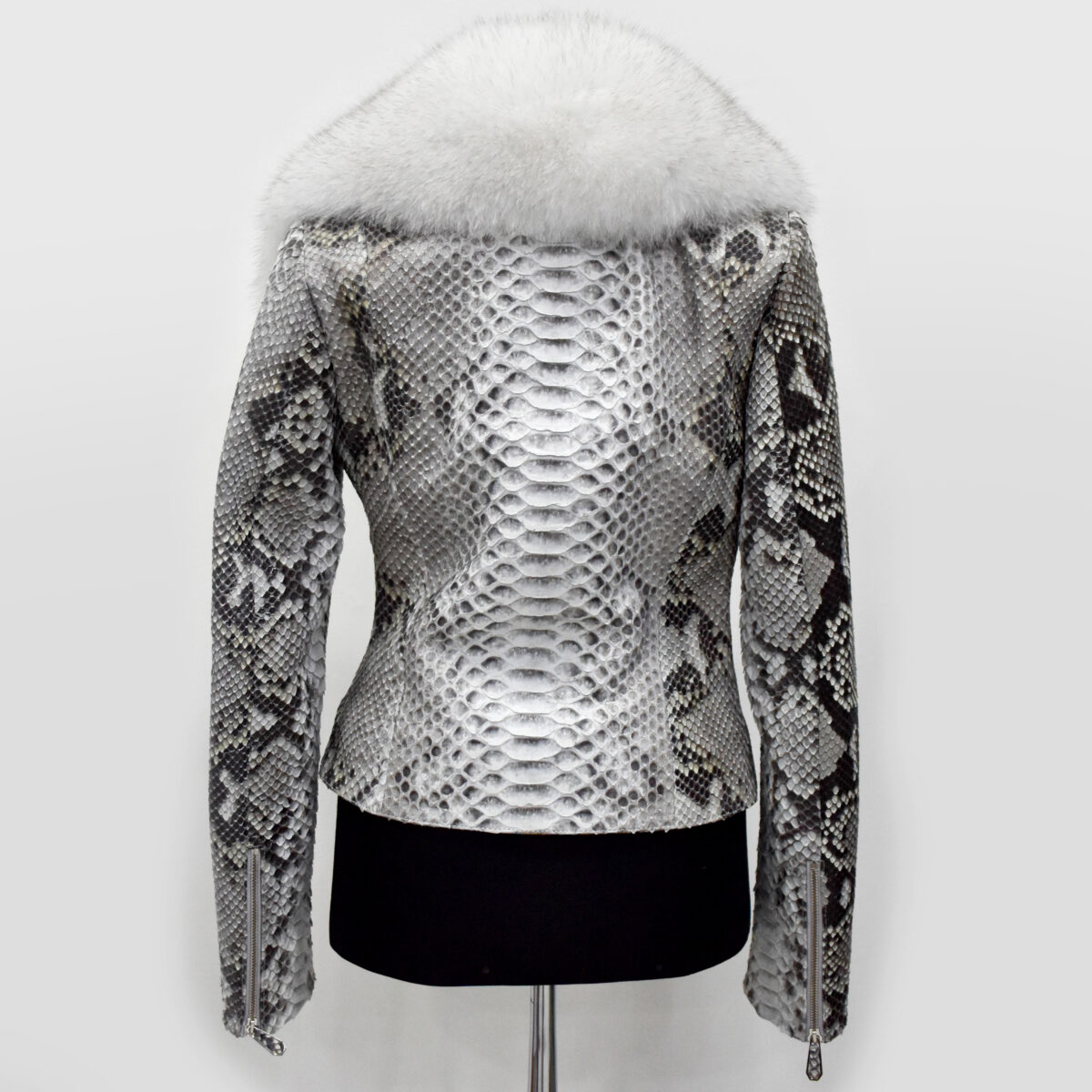 Women's Genuine Python Leather Real Fox Fur Collar White Exotic Biker Jacket