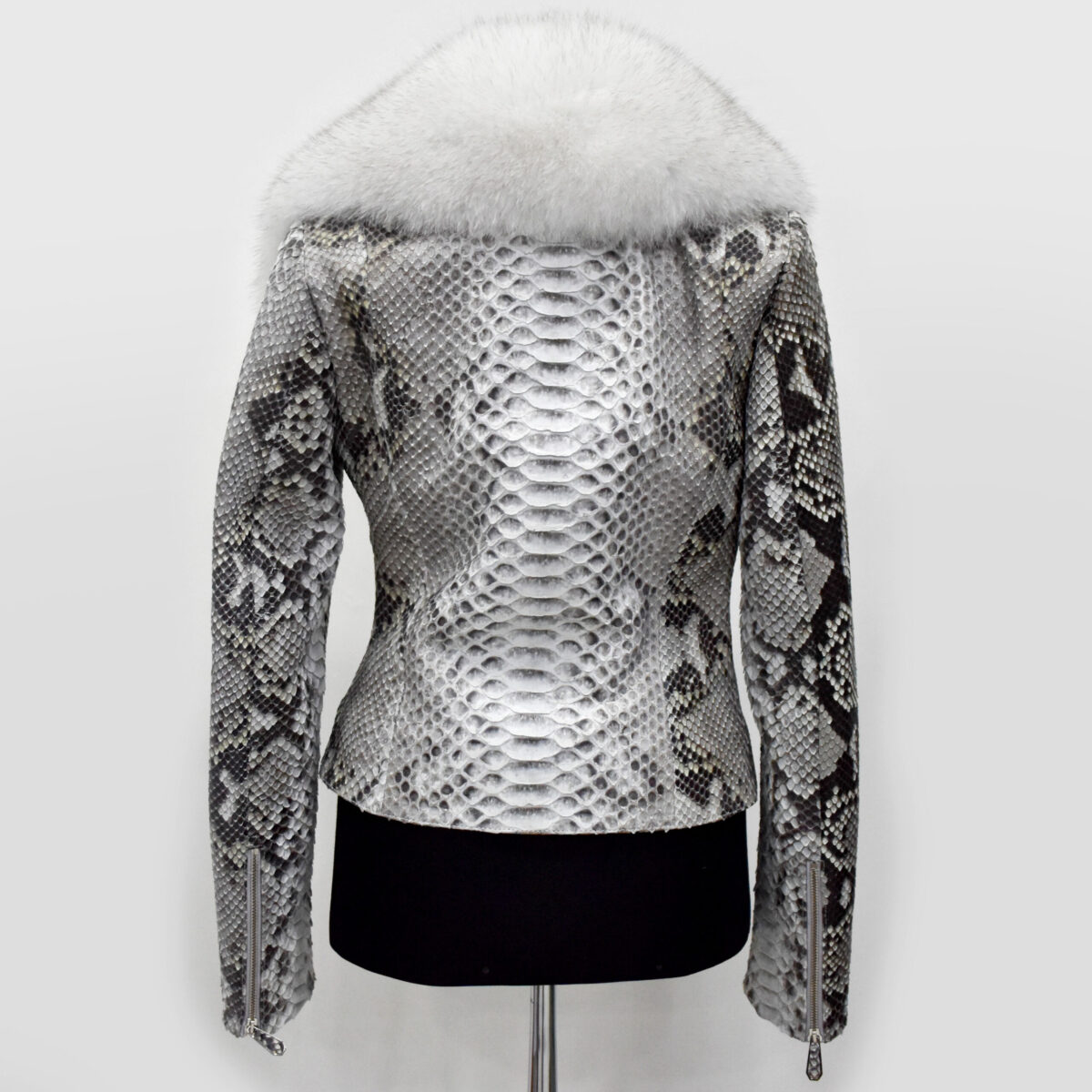 Women's Genuine Python Leather Real Fox Fur Collar White Exotic Biker Jacket