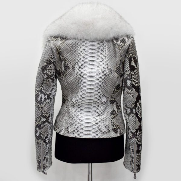Women's Genuine Python Leather Real Fox Fur Collar White Exotic Biker Jacket