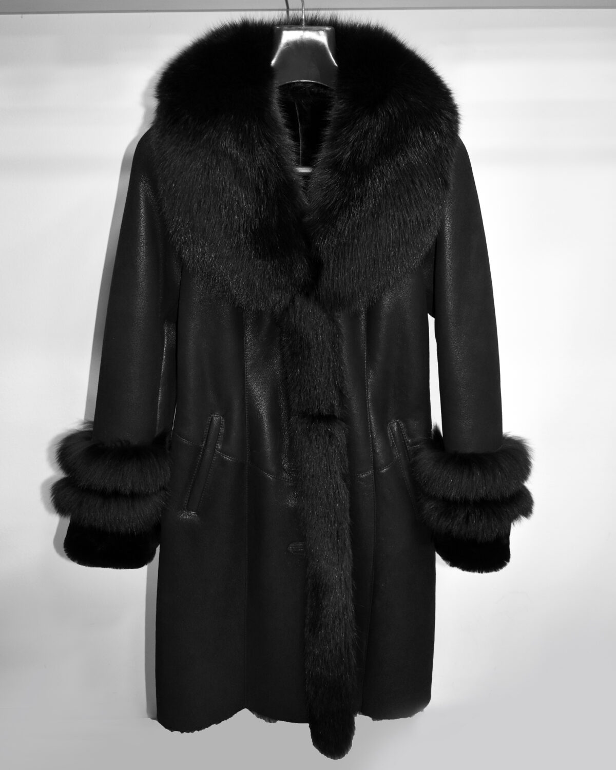 Fox Fur Trim Shearling Overcoat: Women's Black Fur Coat