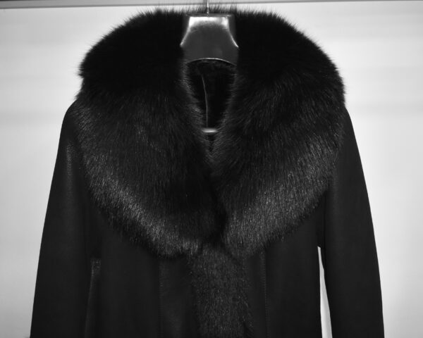 Fox Fur Trim Shearling Overcoat: Women's Black Fur Coat