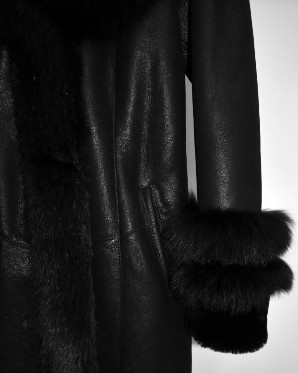 Fox Fur Trim Shearling Overcoat: Women's Black Fur Coat