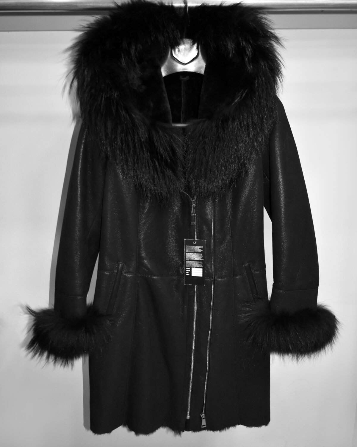 Raccoon Fur Hooded Shearling Overcoat: Women's Black Fur Coat