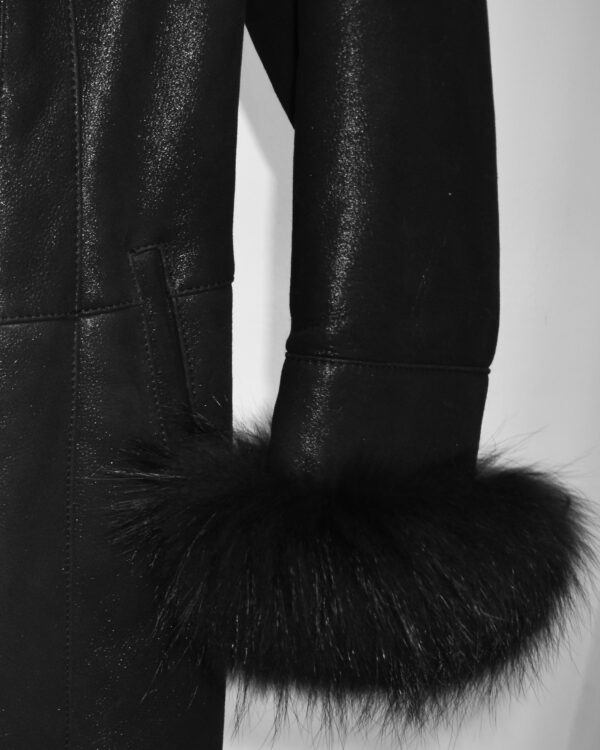 Raccoon Fur Hooded Shearling Overcoat: Women's Black Fur Coat