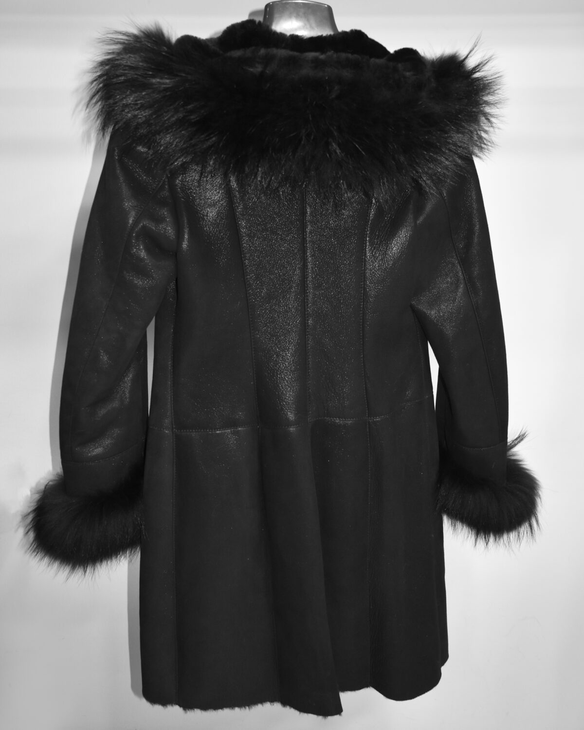 Raccoon Fur Hooded Shearling Overcoat: Women's Black Fur Coat