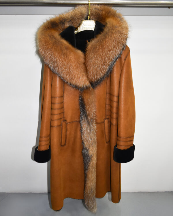 Genuine Fox Fur Trim Real Shearling Sheep Skin Long Overcoat Tan Fur Coat