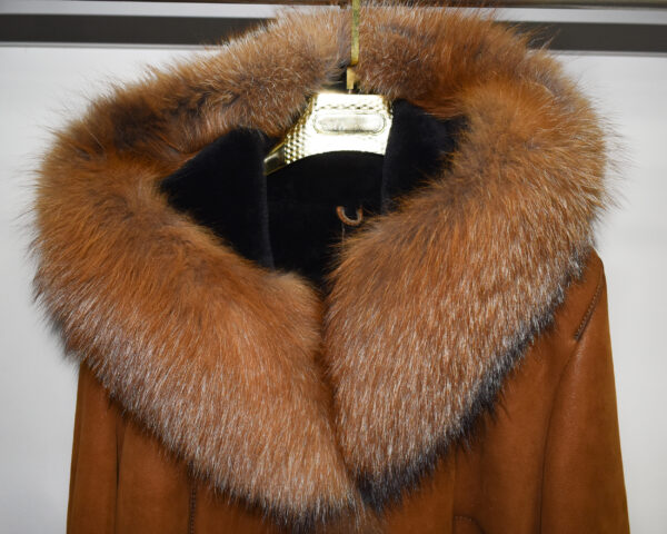 Genuine Fox Fur Trim Real Shearling Sheep Skin Long Overcoat Tan Fur Coat