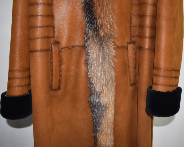 Genuine Fox Fur Trim Real Shearling Sheep Skin Long Overcoat Tan Fur Coat
