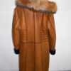 Genuine Fox Fur Trim Real Shearling Sheep Skin Long Overcoat Tan Fur Coat