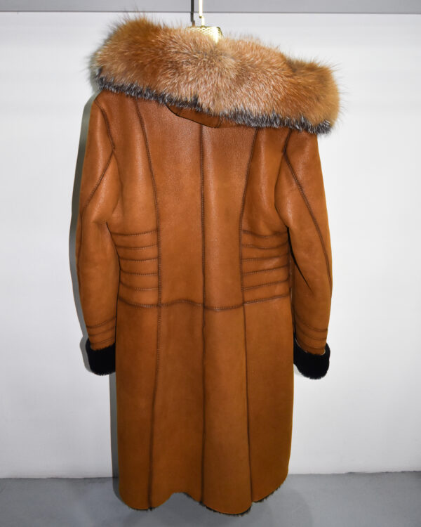 Genuine Fox Fur Trim Real Shearling Sheep Skin Long Overcoat Tan Fur Coat
