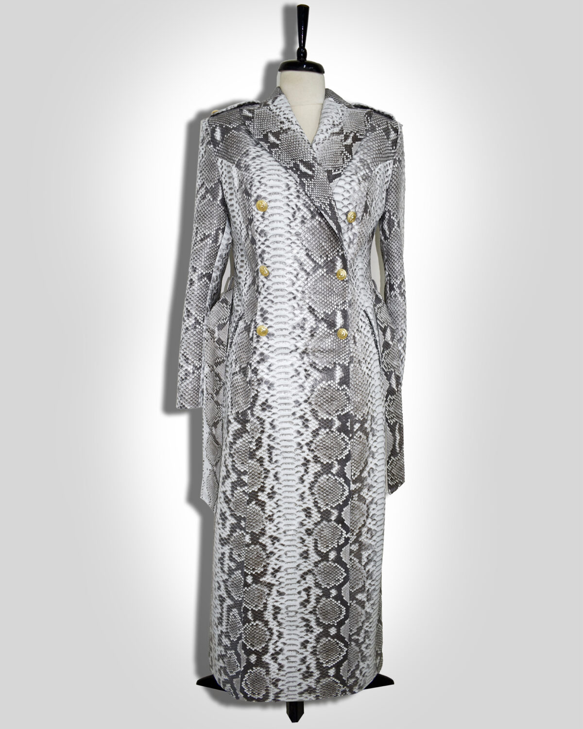 Genuine Python Leather Natural White Snake Skin Exotic Belted Long Coat