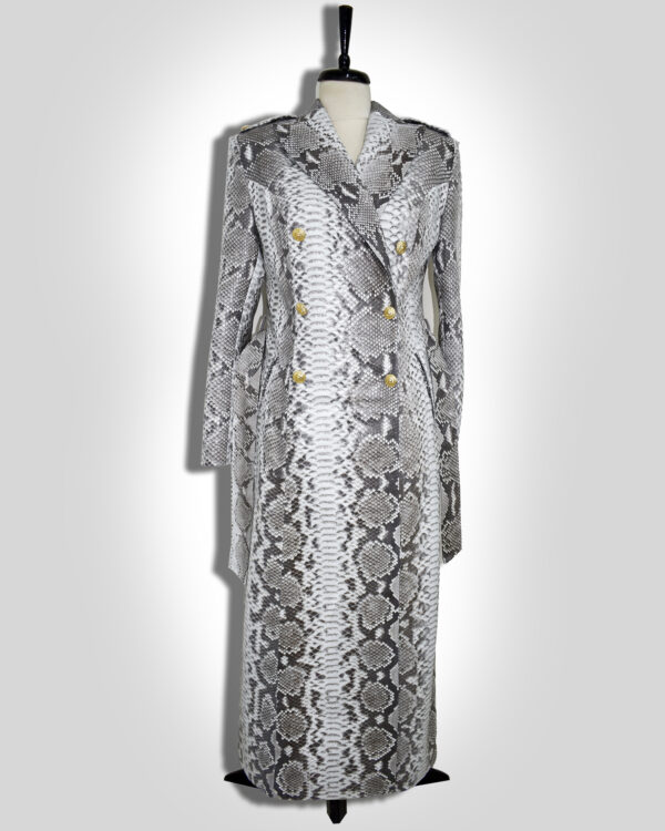 Genuine Python Leather Natural White Snake Skin Exotic Belted Long Coat