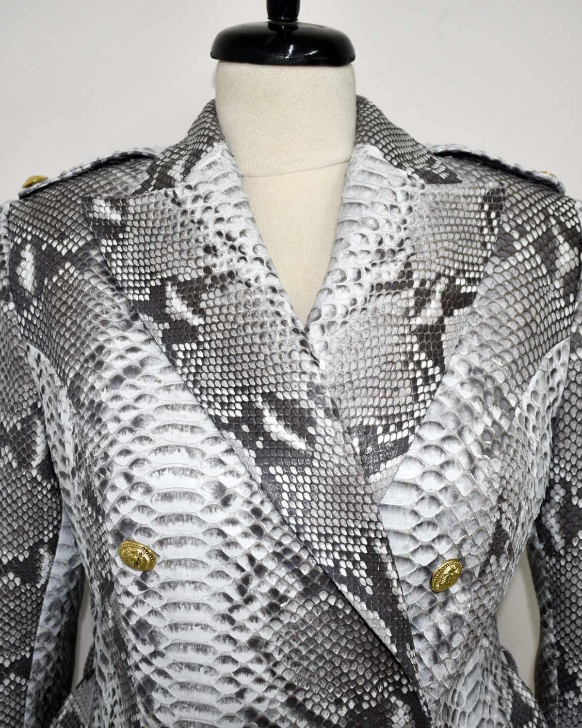 Genuine Python Leather Natural White Snake Skin Exotic Belted Long Coat