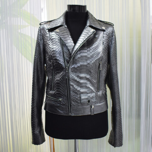 Metalic Grey Genuine Python Leather Real Exotic Snake Skin Biker Jacket