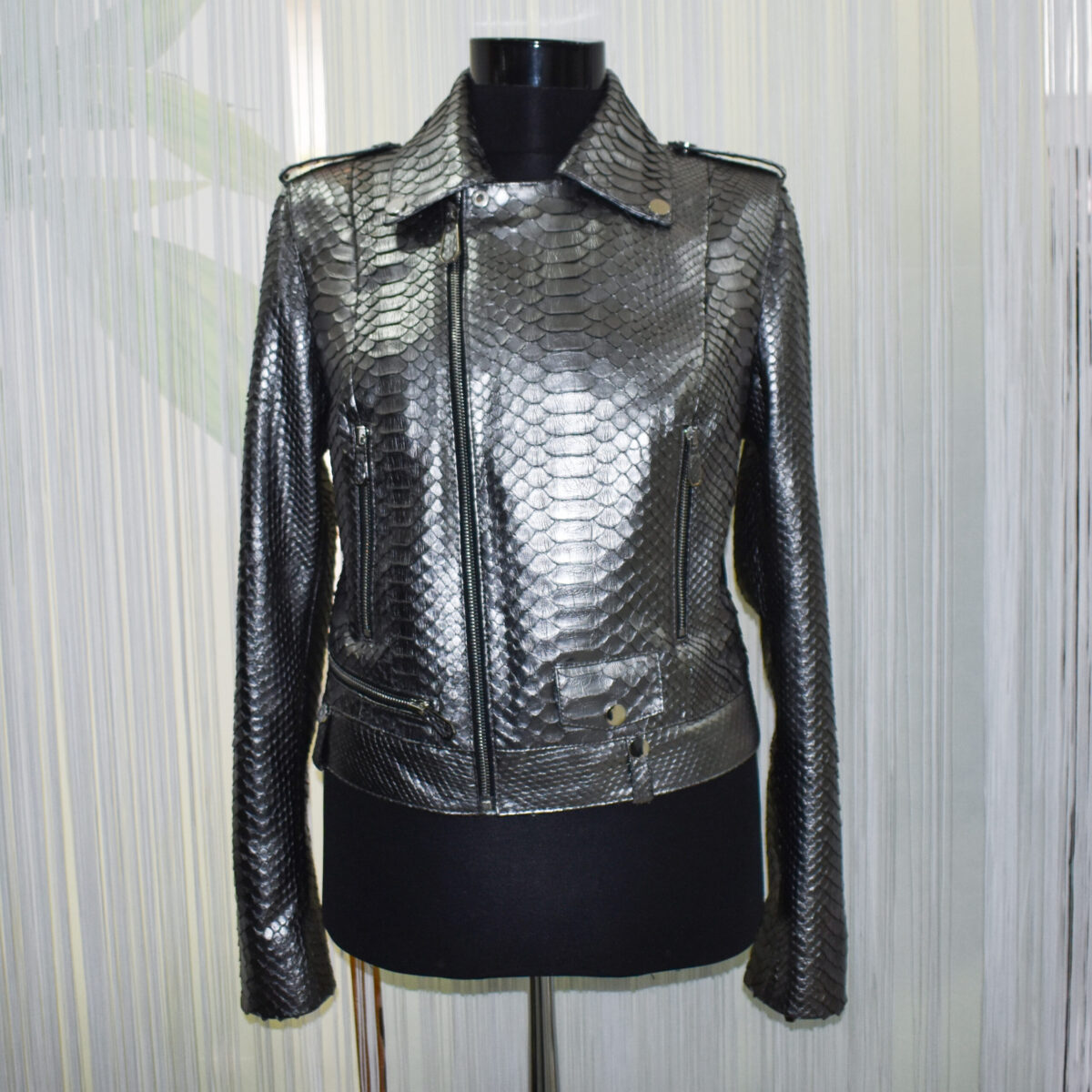 Metallic Grey Python Biker Jacket