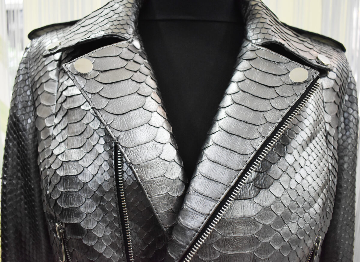 Metalic Grey Genuine Python Leather Real Exotic Snake Skin Biker Jacket