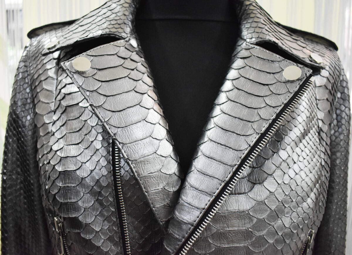 Metalic Grey Genuine Python Leather Real Exotic Snake Skin Biker Jacket