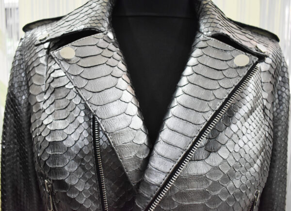 Metalic Grey Genuine Python Leather Real Exotic Snake Skin Biker Jacket