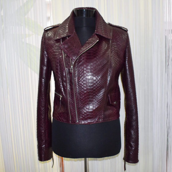 Genuine Python Leather Real Exotic Snake Skin Burgundy Luxury Fashion Biker Jacket