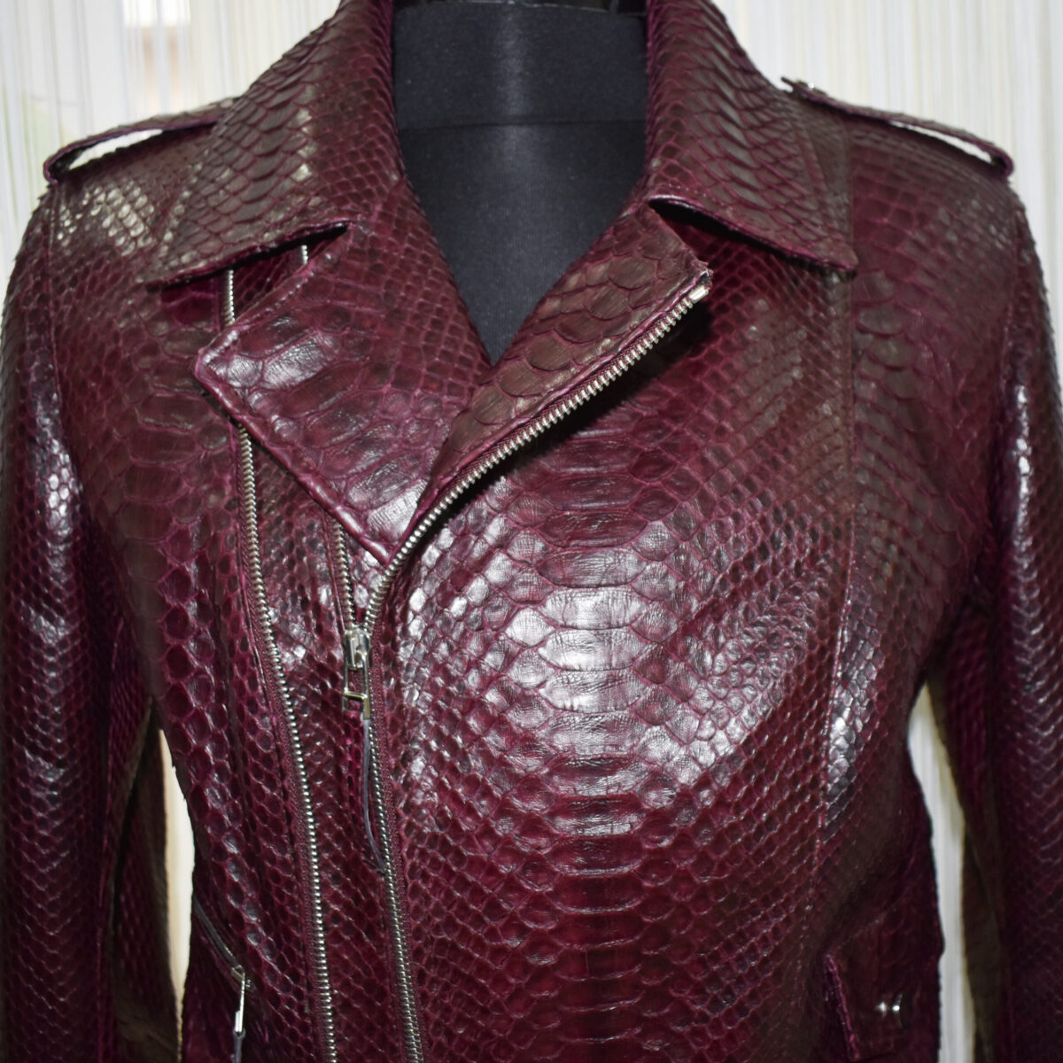 Genuine Python Leather Real Exotic Snake Skin Burgundy Luxury Fashion Biker Jacket