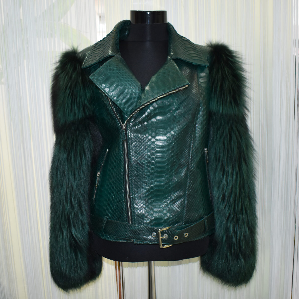 Genuine Fox Fur Trim Real Python Leather Green Motorcycle Biker Jacket