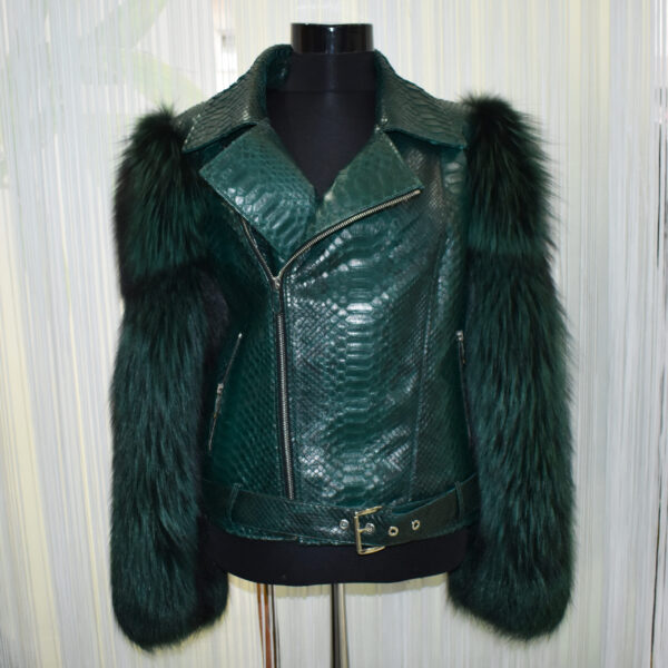 Genuine Fox Fur Trim Real Python Leather Green Motorcycle Biker Jacket