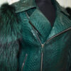 Genuine Fox Fur Trim Real Python Leather Green Motorcycle Biker Jacket