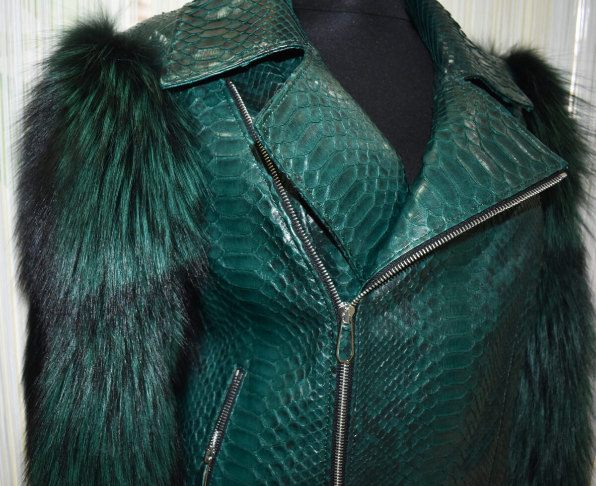 Genuine Fox Fur Trim Real Python Leather Green Motorcycle Biker Jacket