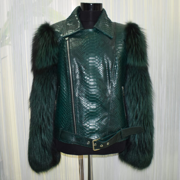 Genuine Fox Fur Trim Real Python Leather Green Motorcycle Biker Jacket