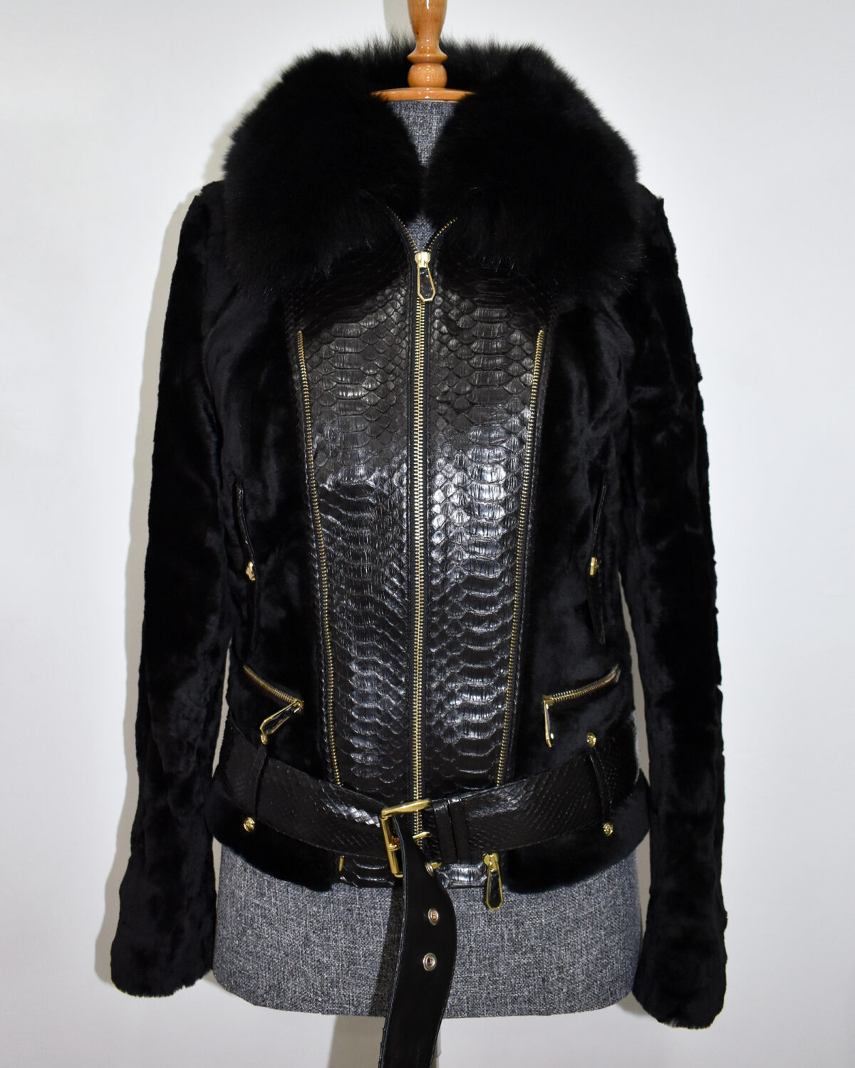 Genuine Python Leather Fox Fur Collar Luxury Sheep Fur Jacket