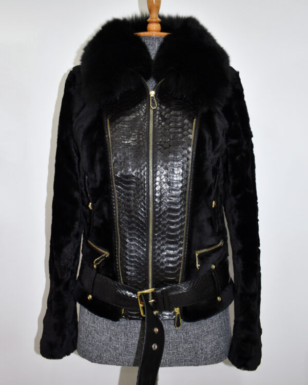 Genuine Python Leather Fox Fur Collar Luxury Sheep Fur Jacket