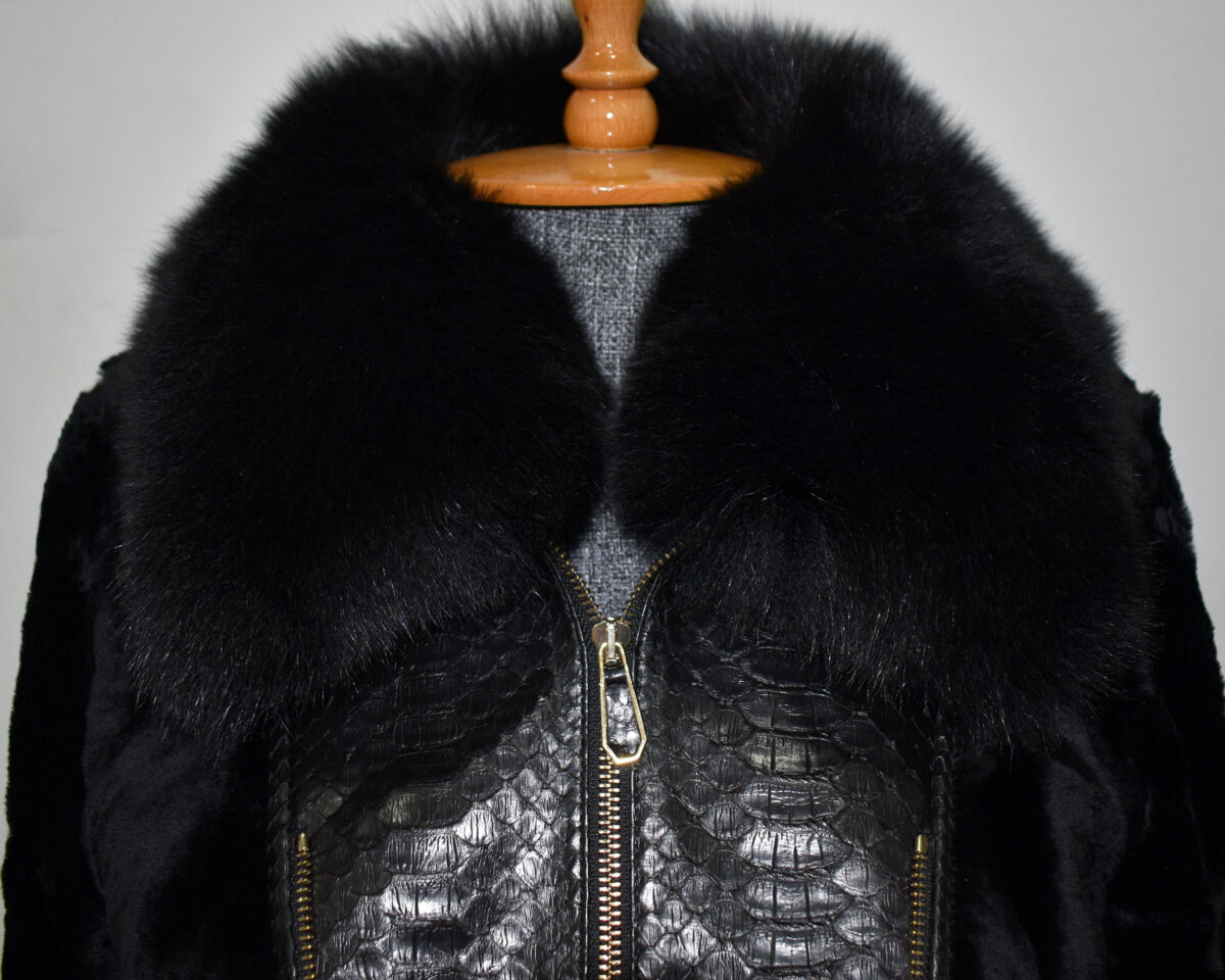 Genuine Python Leather Fox Fur Collar Luxury Sheep Fur Jacket