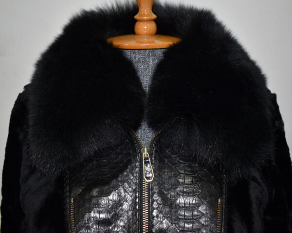 Genuine Python Leather Fox Fur Collar Luxury Sheep Fur Jacket