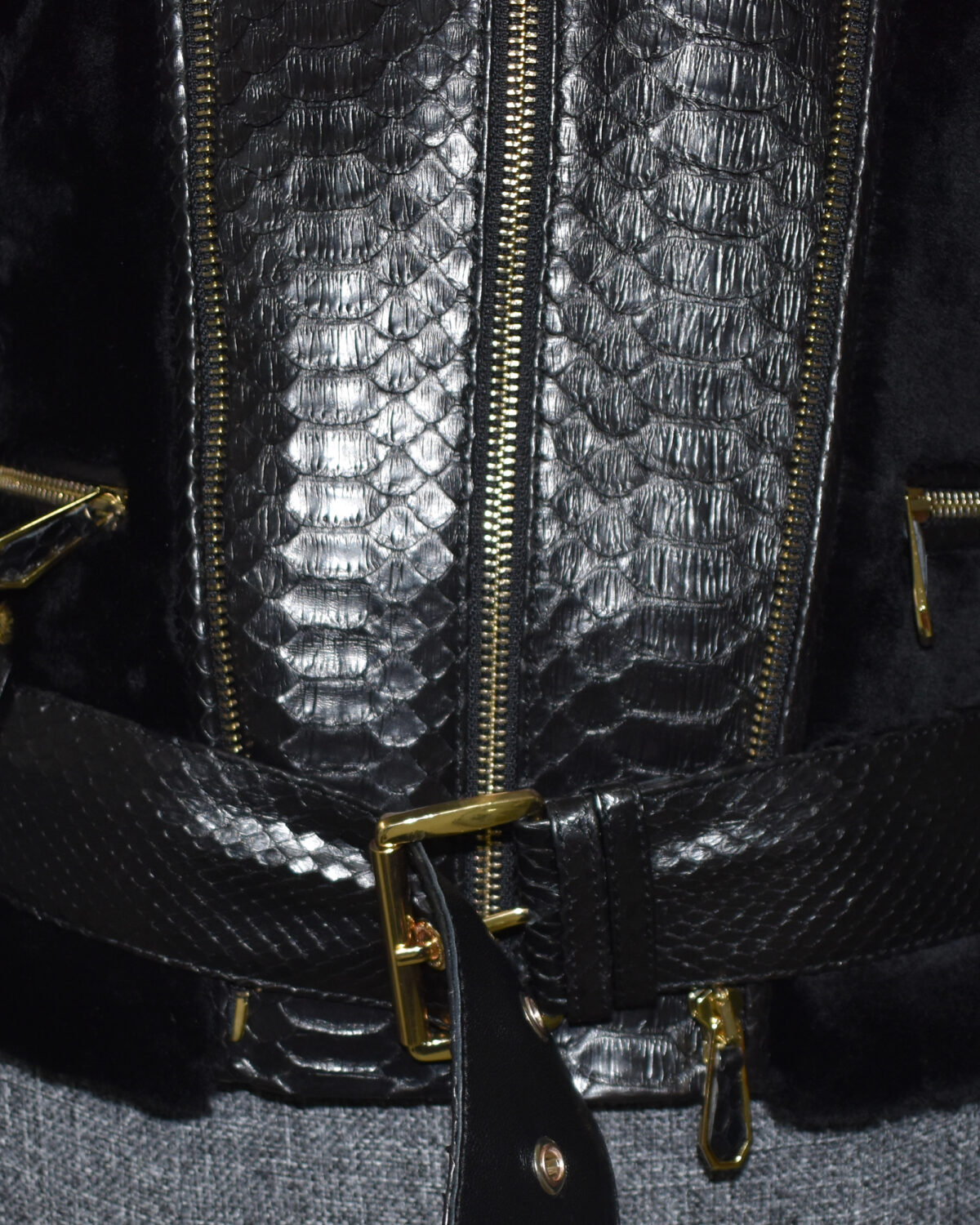 Genuine Python Leather Fox Fur Collar Luxury Sheep Fur Jacket