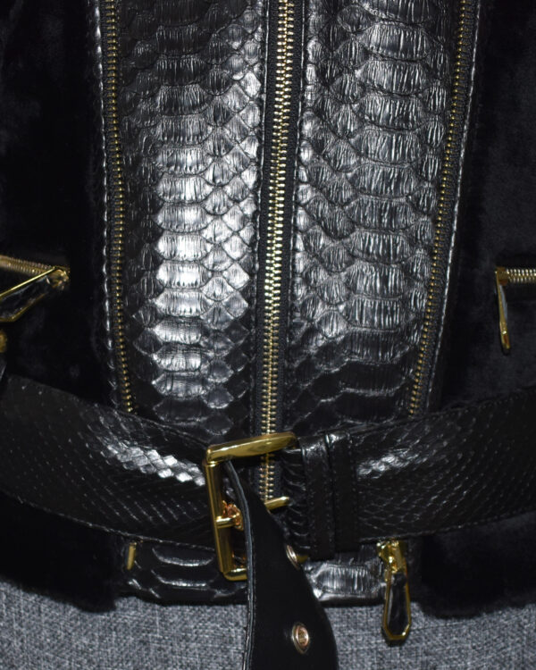 Genuine Python Leather Fox Fur Collar Luxury Sheep Fur Jacket