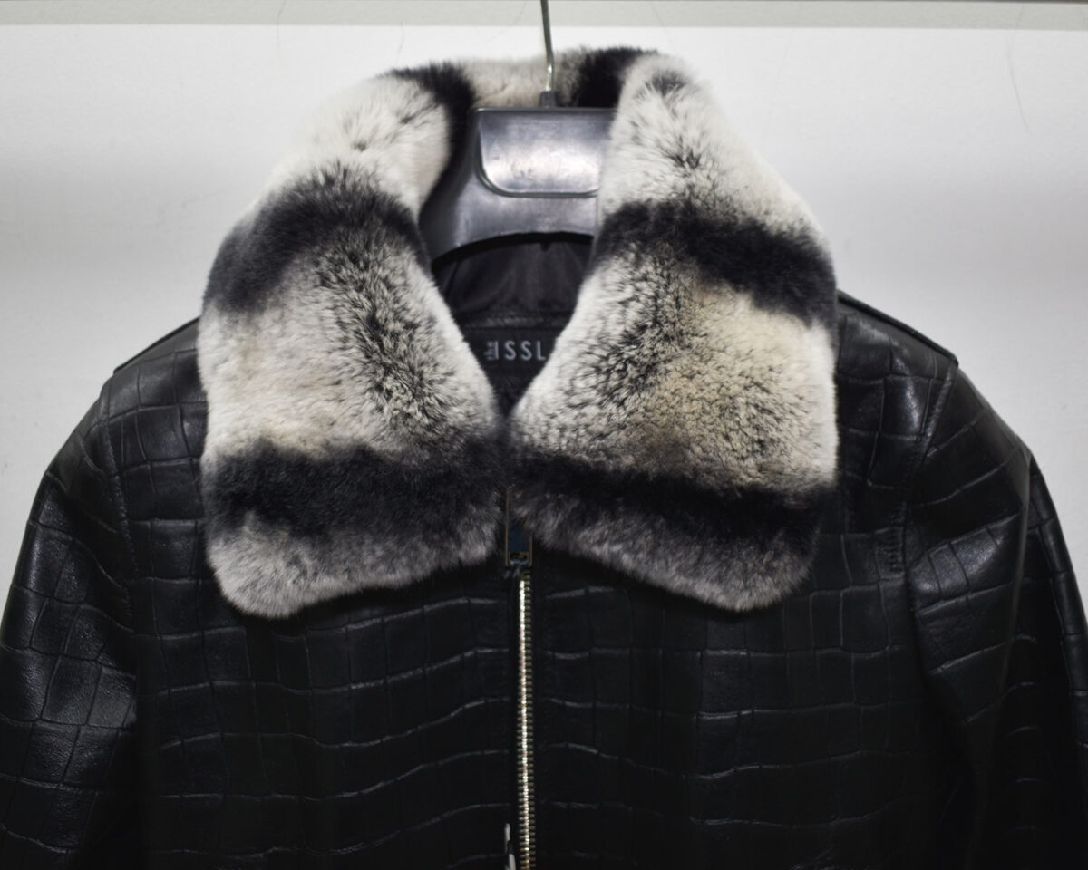 Crocodile Embossed Lambskin Bomber Jacket with Rex Rabbit Fur Collar