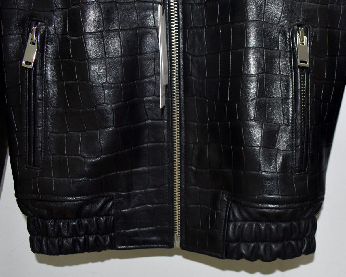 Crocodile Embossed Lambskin Bomber Jacket with Rex Rabbit Fur Collar