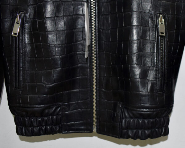 Crocodile Embossed Lambskin Bomber Jacket with Rex Rabbit Fur Collar