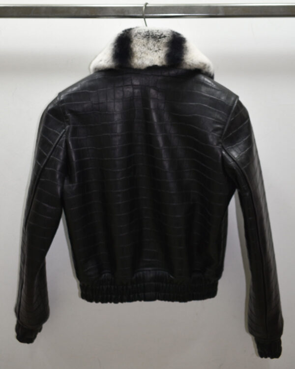 Crocodile Embossed Lambskin Bomber Jacket with Rex Rabbit Fur Collar
