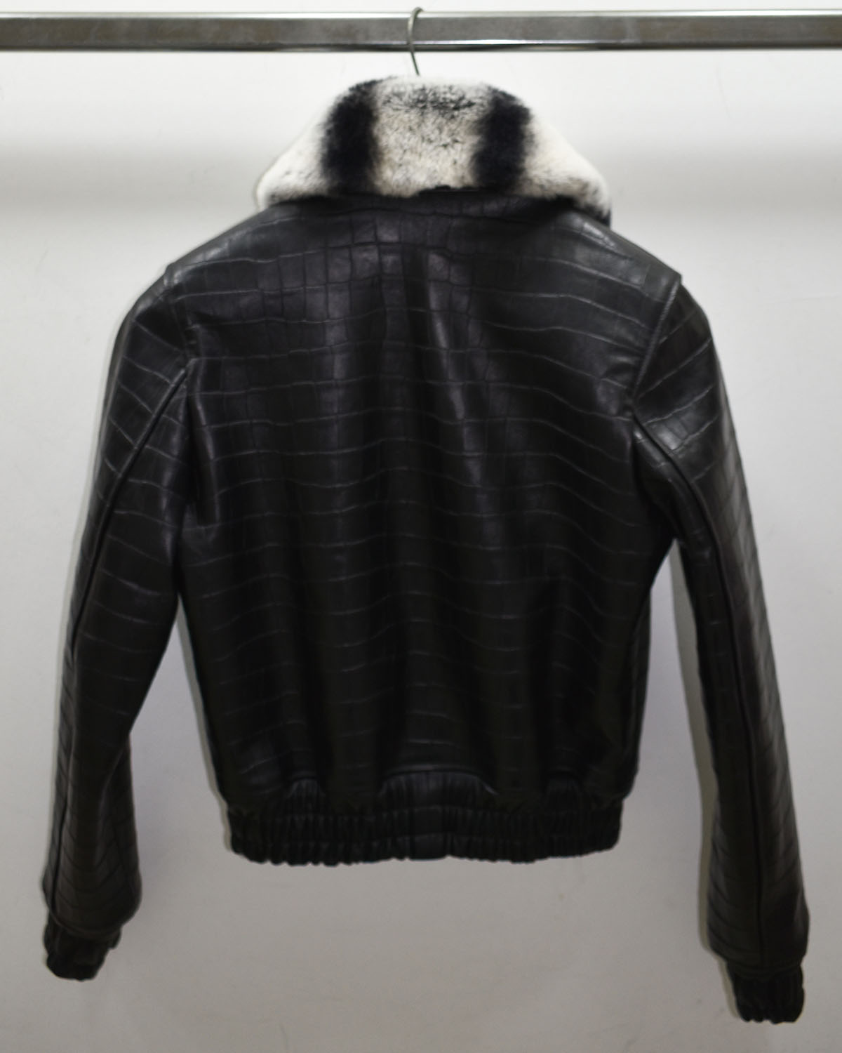 Crocodile Embossed Lambskin Bomber Jacket with Rex Rabbit Fur Collar