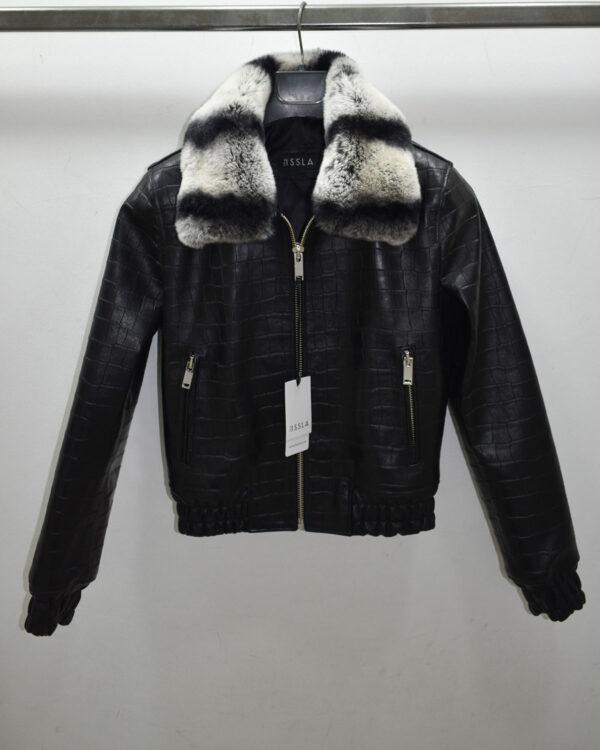 Crocodile Embossed Lambskin Bomber Jacket with Rex Rabbit Fur Collar