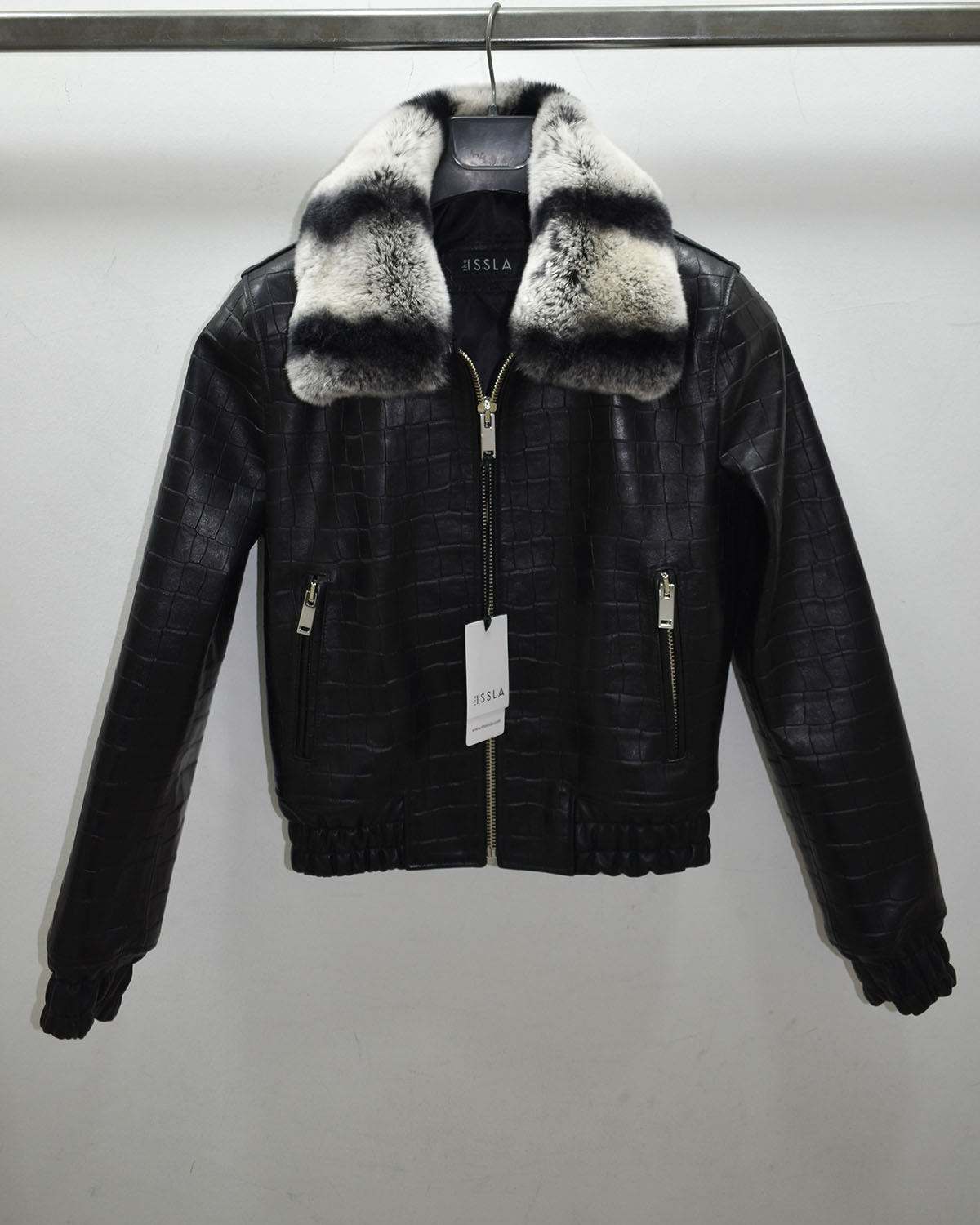 Crocodile Embossed Lambskin Bomber Jacket with Rex Rabbit Fur Collar