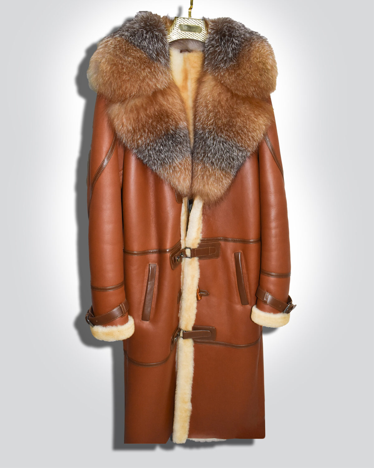 Genuine Crystal Fox Fur Trim Real Shearling Overcoat Tan Long Fur Coat