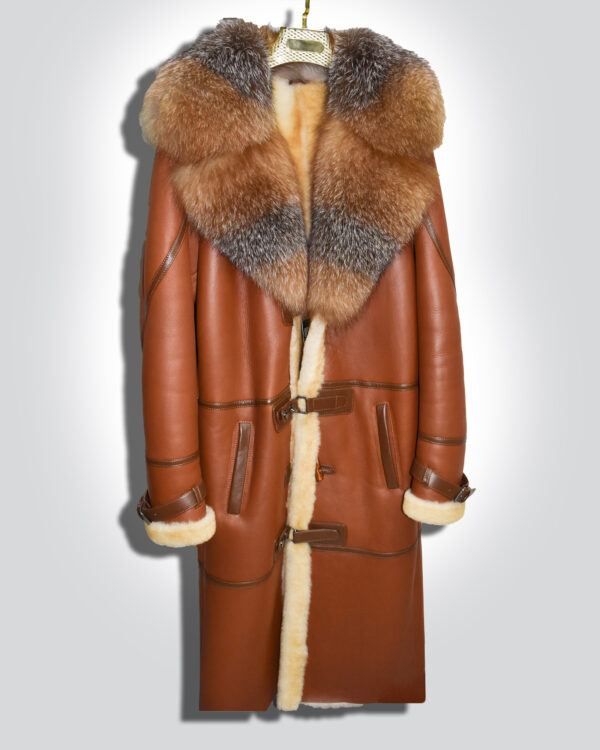 Genuine Crystal Fox Fur Trim Real Shearling Overcoat Tan Long Fur Coat