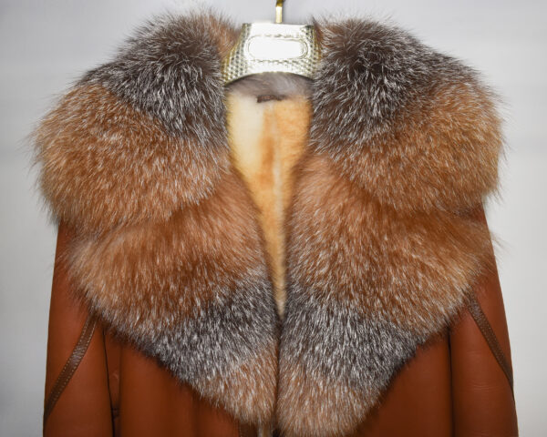 Genuine Crystal Fox Fur Trim Real Shearling Overcoat Tan Long Fur Coat