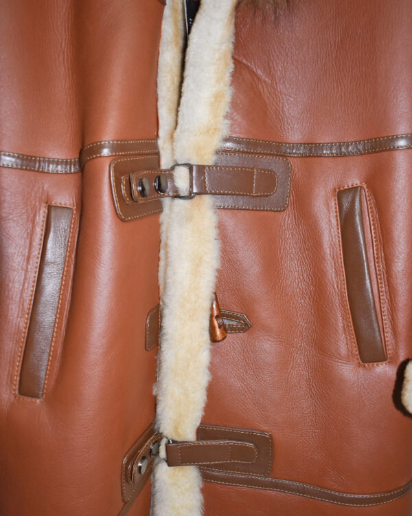 Genuine Crystal Fox Fur Trim Real Shearling Overcoat Tan Long Fur Coat