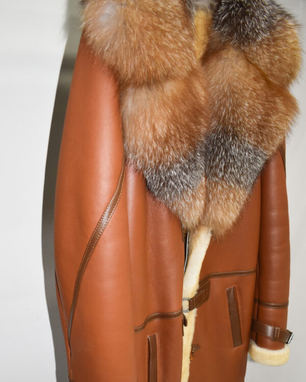 Genuine Crystal Fox Fur Trim Real Shearling Overcoat Tan Long Fur Coat