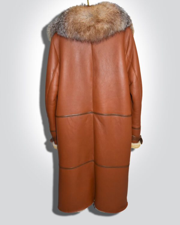 Genuine Crystal Fox Fur Trim Real Shearling Overcoat Tan Long Fur Coat