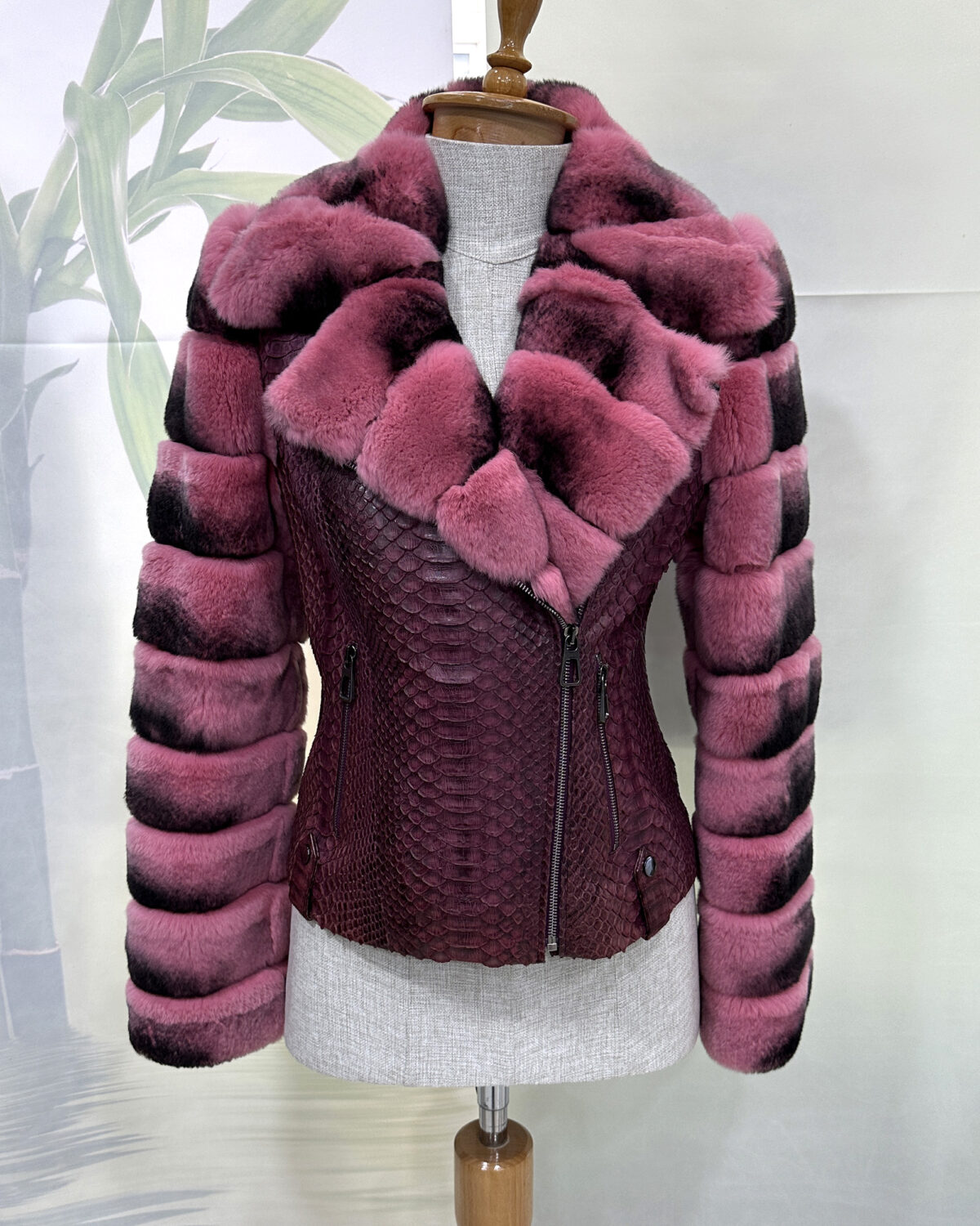 Rex Rabbit Fur Trim Genuine Python Leather Snake Skin Women's Biker Jacket